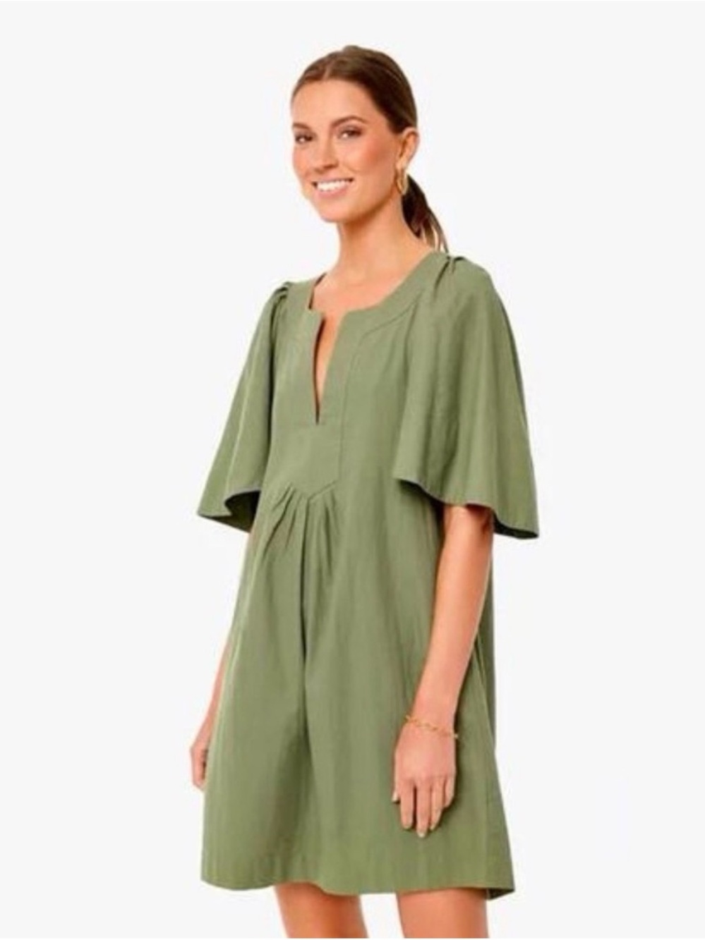Pomander Place Olive Green Flutter-Sleeve Dress